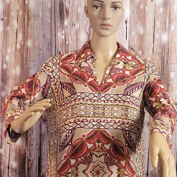 Talbots Women's Long-sleeved Printed V-Neck Silk and Linen Blouse Size 8 - Picture 3 of 10